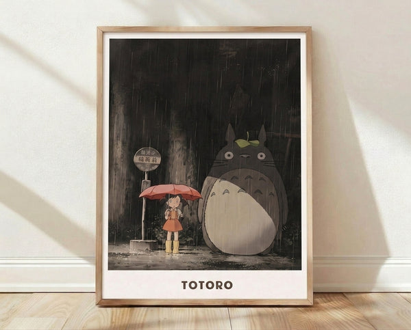 Watercolor-style framed poster depicting a young girl with an umbrella standing beside a large gentle creature at a rain-soaked bus stop surrounded by misty forest, rendered in soft charcoal grey, olive green, and burnt sienna tones.
