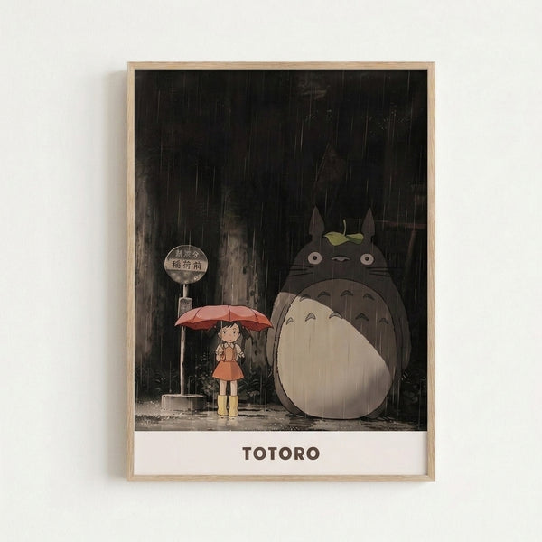 Ghibli-inspired art print showing a solitary figure clutching an umbrella next to a friendly forest spirit in falling rain, painted in muted gold and grey hues with a contemplative, cozy melancholy atmosphere.