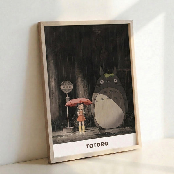 Japanese woodblock-influenced poster of a girl and whimsical creature waiting in the rain among trees, featuring a serene blend of cream, burnt sienna, and olive green creating a wistful forest scene.