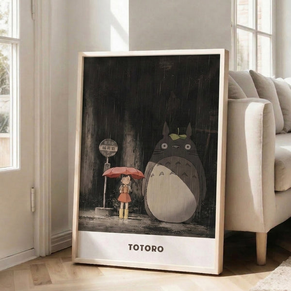 Framed watercolor poster capturing a quiet moment between a child, umbrella, and gentle spirit at an overgrown rain-soaked bus shelter nestled in misty woodland, awash in soft charcoal and muted gold.