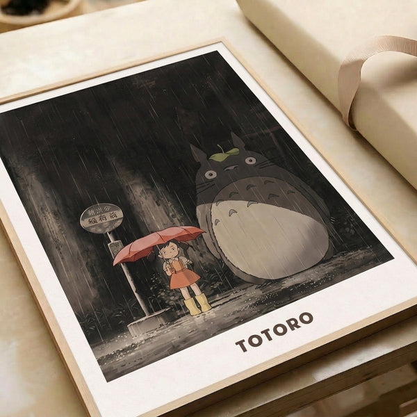 Ghibli-inspired art print depicting a solitary girl and friendly creature sharing a quiet moment at a rain-drenched woodland bus stop, painted in soft watercolor with earthy tones of grey, green, and muted gold.