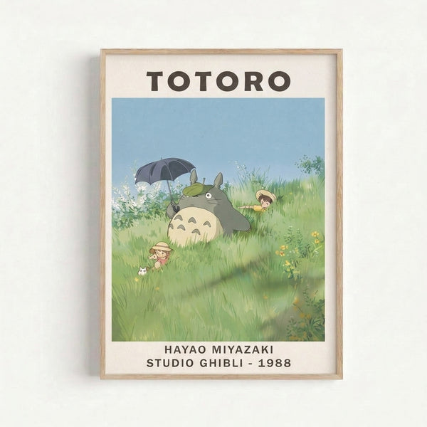 Enchanted framed art print depicting the beloved forest spirit Totoro sheltering under an umbrella in a peaceful flower-filled field with gentle gray and yellow accents.