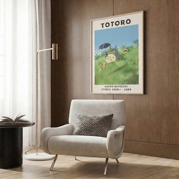 Whimsical Japanese anime poster depicting Totoro as a gentle protector with an umbrella in an enchanted meadow setting rendered in delicate greens and pale blues.