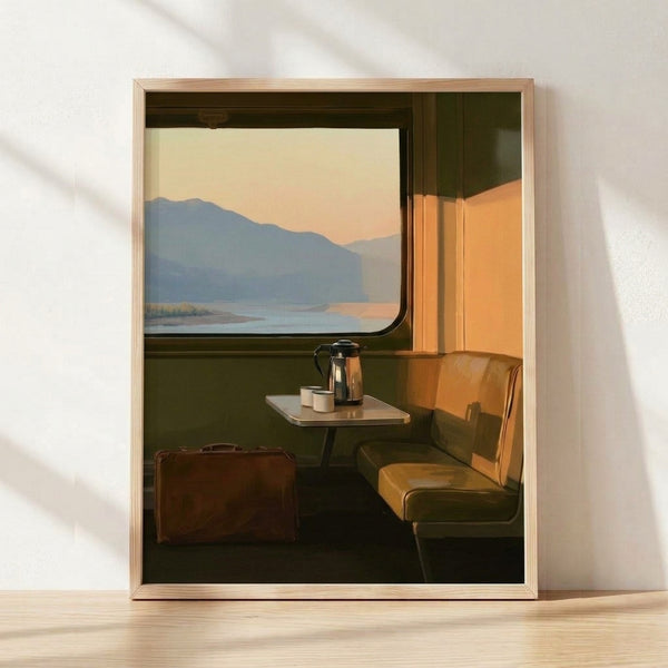 Vintage midcentury travel poster depicting a serene view from a train window of mountains and a lake at sunset, with warm amber and forest green tones creating a nostalgic, contemplative mood; framed art print on wall.