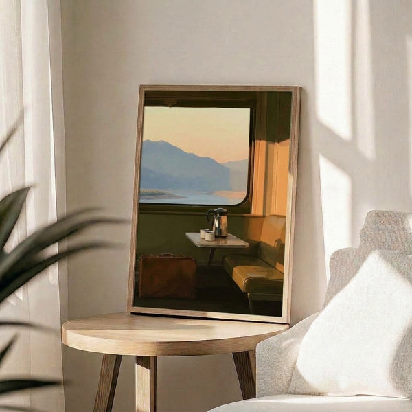 Nostalgic vintage poster showing a peaceful train journey through mountain landscape with lake view, rendered in warm cream and forest green palette; framed midcentury travel print.