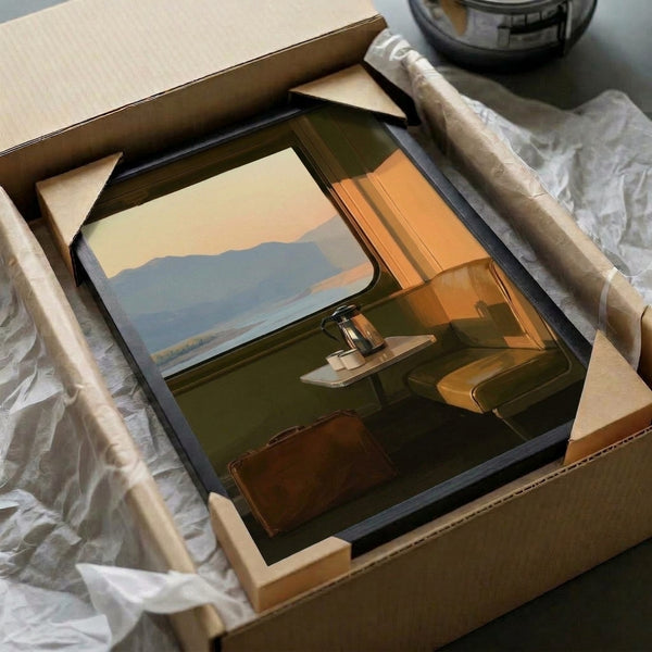 Midcentury travel art print capturing the quiet contemplation of a train passenger viewing sunset mountains and lake, with soft blue and amber tones evoking wanderlust; framed on wall.