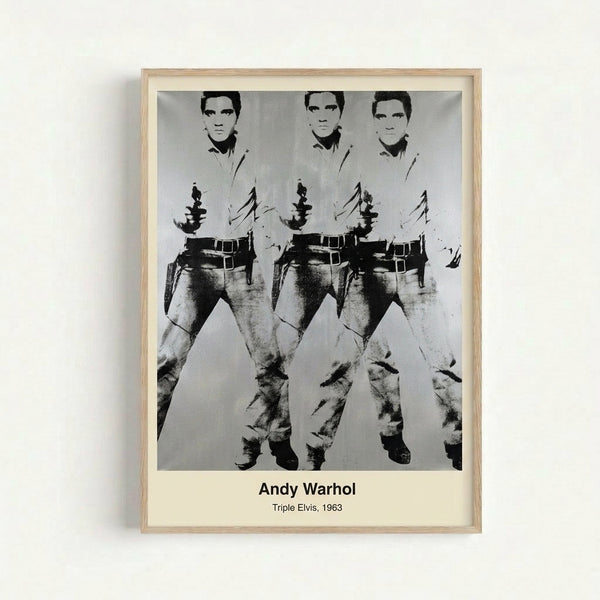 Energetic modern art print showing Elvis in triplicate with contrasting neon colors of gold and magenta on dark background, exemplifying pop art portraiture.