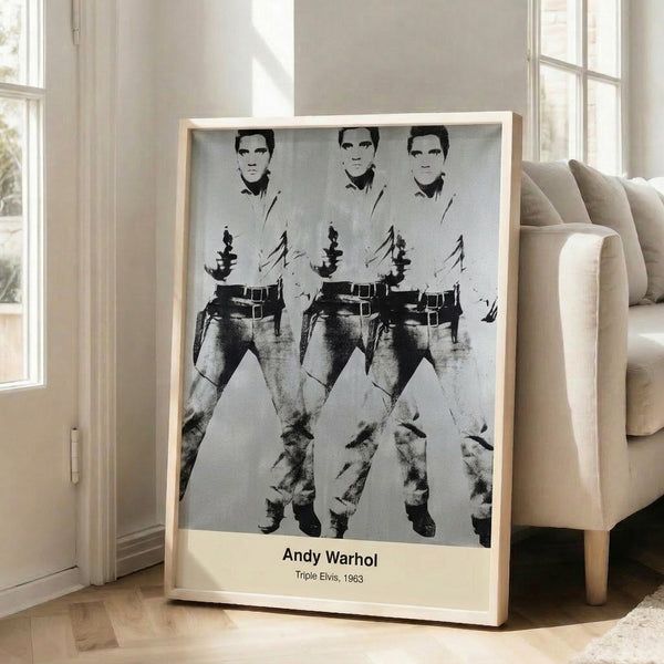 Iconic pop art framed poster of Elvis in triple form with striking neon color combinations including gold, cyan, and magenta on black.