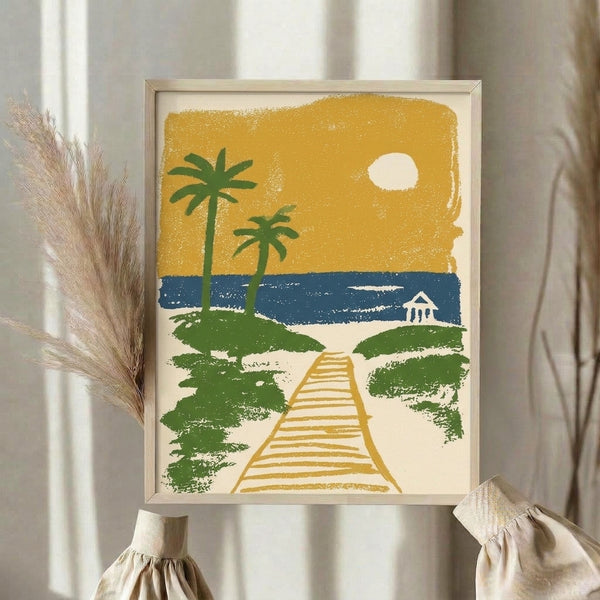 Framed art print depicting a nostalgic seaside scene with a gazebo and palm-lined boardwalk overlooking the water at dusk, painted in warm vintage colors of gold, green, and navy.