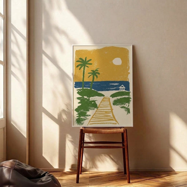 Vintage-style coastal wall art showing a peaceful beach pathway with towering palms and a serene ocean horizon at sunset, using a retro palette of mustard, forest green, and deep blue.
