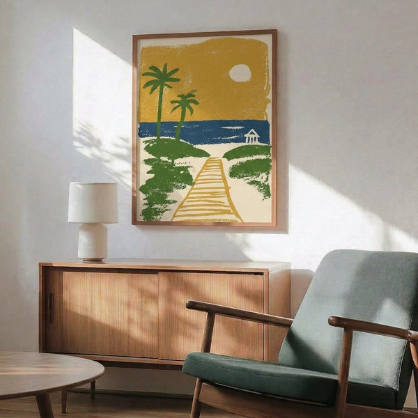 Retro beach landscape poster with a romantic sunset view along a palm tree-bordered boardwalk leading to the sea, in soft vintage hues of gold, cream, green, and navy blue.