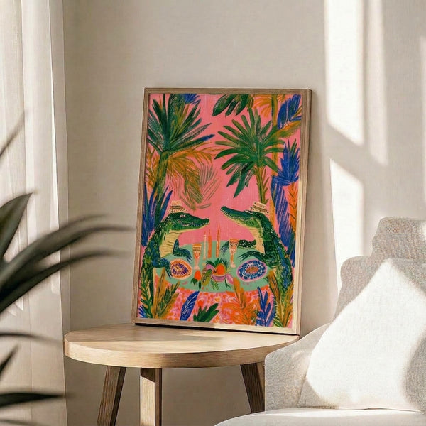 Playful tropical wall art depicting a crocodile dinner party surrounded by lush palms, glassware, and exotic fruit in eclectic boho style with cobalt blue and orange accents.