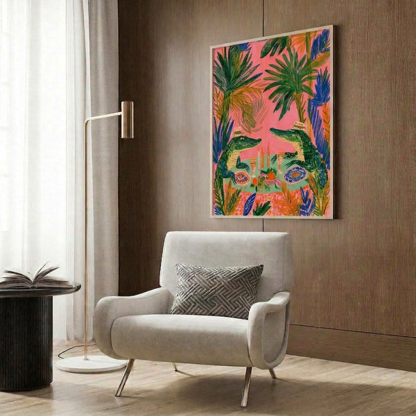 Eclectic boho dining room art featuring crocodiles at a festive table amid tropical plants, fruit arrangements, and candlelight in warm coral and jewel-tone palette.