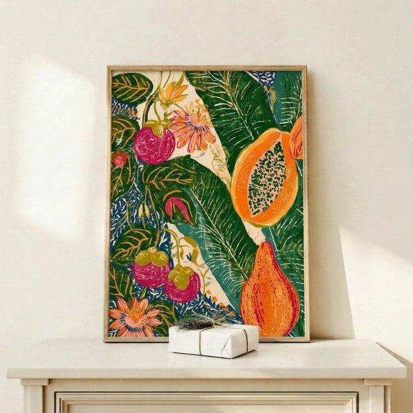 Boho-inspired linocut art print showcasing papaya, raspberries, and leafy botanicals in rich jewel tones and gold accents, framed and hung as wall decor.