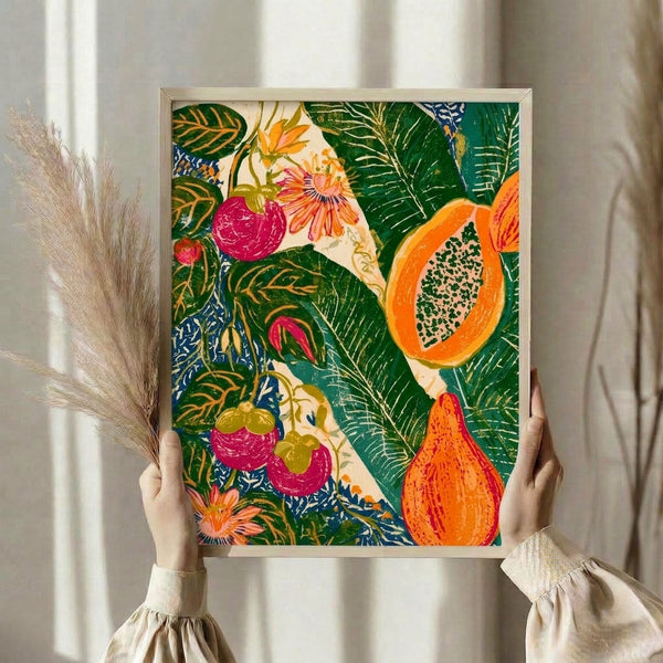 Japandi-style botanical poster with hand-carved linocut aesthetic depicting joyful tropical fruits and flowering plants in organic forest green and warm coral tones.
