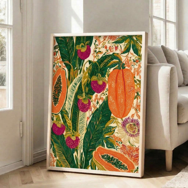 Vibrant botanical print showcasing papaya and passion flower surrounded by leafy garden elements in warm cream and jewel-tone colors on a wall.