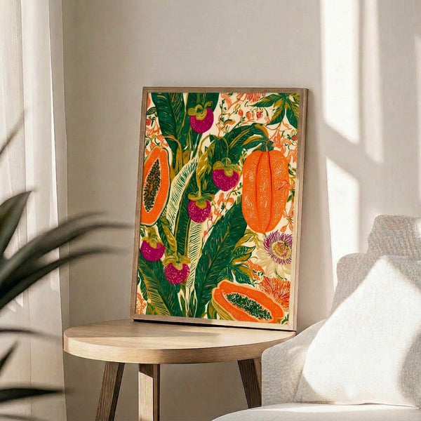 Lush tropical garden poster with intertwining papaya, raspberry, and passion flower motifs rendered in golden yellow, forest green, and magenta in Art Nouveau style.
