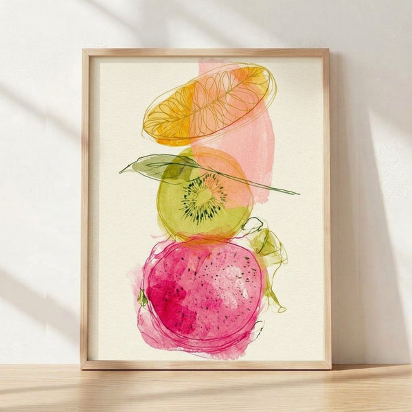Watercolor and line art poster featuring a bright trio of dragon fruit, kiwi, and physalis with delicate leaves in pink, yellow, and green on a cream background, creating a fresh boho botanical composition.
