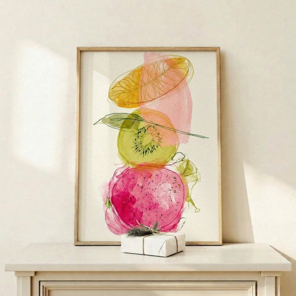 Framed boho-inspired watercolor poster displaying three sliced fruits—dragon fruit, kiwi, and physalis—rendered in soft washes with gold-accented linework in whimsical style.