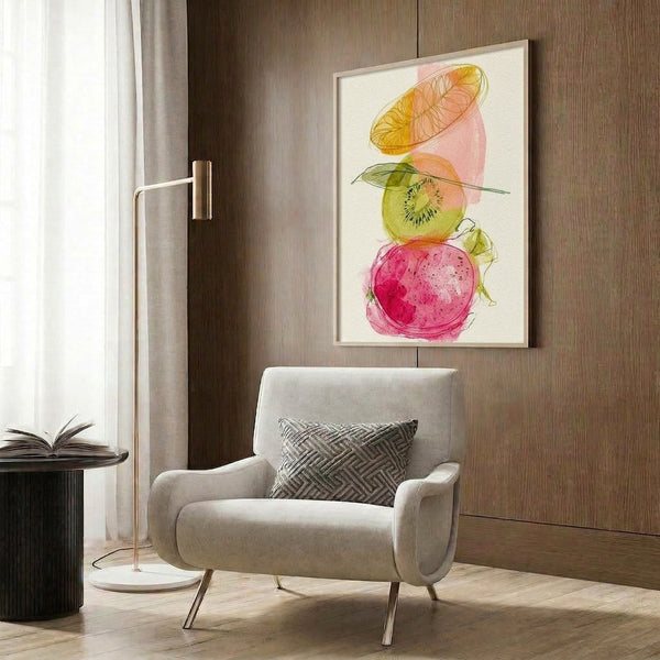 Whimsical watercolor fruit print with dragon fruit, kiwi, and physalis illustrated in pink, yellow, and green tones alongside botanical leaves, blending painterly washes with line art details.