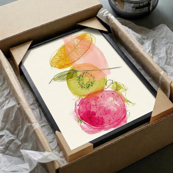 Fresh botanical watercolor poster capturing dragon fruit, kiwi, and physalis with flowing linework and soft gold accents, evoking a bright, modern boho aesthetic on cream ground.