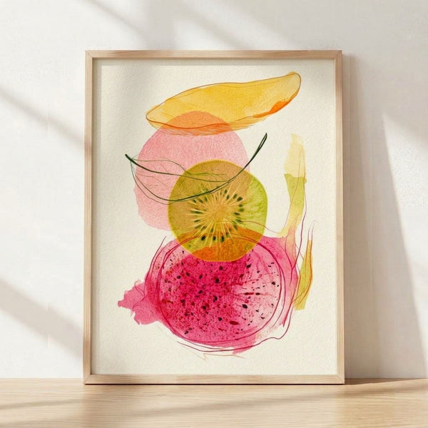 Watercolor and line art poster featuring vibrant sliced kiwi, dragon fruit, and banana with green leaves on cream background, evoking fresh and whimsical botanical elegance.