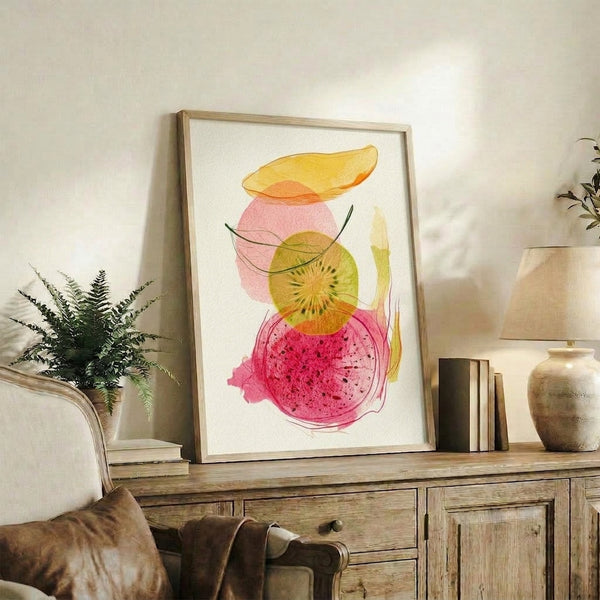 Modern botanical watercolor poster showcasing kiwi slices, dragon fruit, and banana with organic leaf elements in soft coral, pink, and yellow hues.