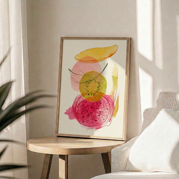 Whimsical watercolor and ink art print of sliced kiwi, dragon fruit, and banana with leafy accents in fresh greens and warm coral tones, perfect for kitchen walls.