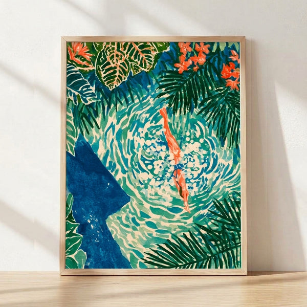 Watercolor art print featuring a serene tropical scene with flowing teal and forest green foliage, coral flowers, and golden accents in boho art nouveau style, framed on wall.