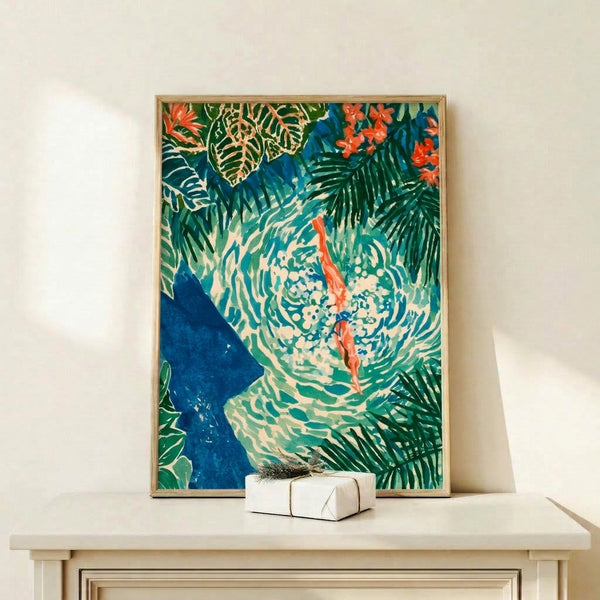 Lush botanical watercolor poster with layered palm fronds and blooming flowers in rich teals, greens, and coral tones creating a tranquil tropical escape aesthetic.