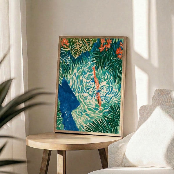 Framed boho watercolor artwork depicting a dreamy composition of intertwining leaves and flowing flowers in cream, teal, forest green, and warm coral hues.