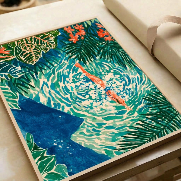 Serene tropical watercolor print with organic flowing design of layered foliage and blossoms in golden yellow, forest green, and coral tones in art nouveau boho style.
