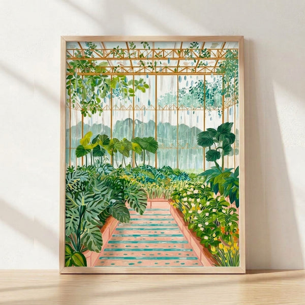 Serene Japandi botanical print featuring a greenhouse conservatory with lush foliage, potted plants, and climbing vines in soft sage green, terracotta, and cream tones; framed minimalist wall art.