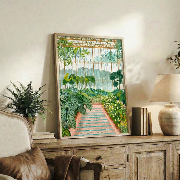 Peaceful greenhouse interior artwork in muted Japandi style with verdant plants, trellises, and flowering botanicals rendered in tranquil sage green and dusty blue hues; framed nature poster.