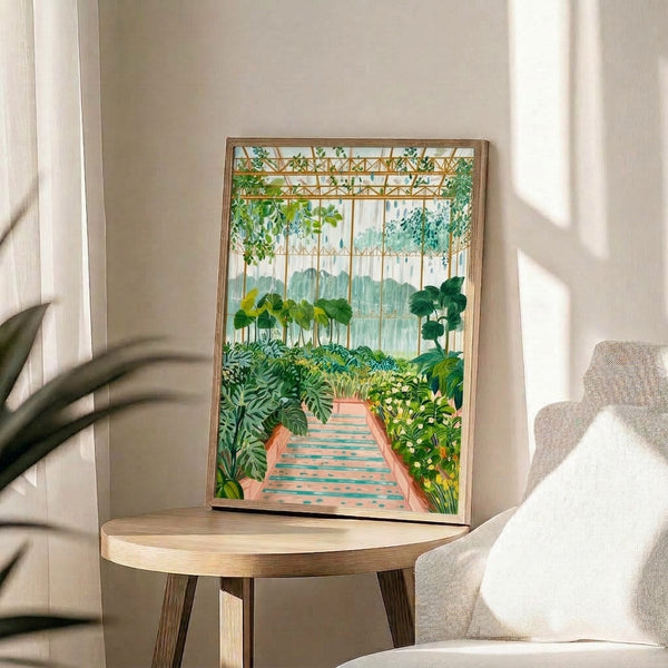 Contemplative botanical conservatory illustration with delicate vines, potted greenery, and window light in gentle sage, yellow-green, and cream tones; minimalist framed art print.