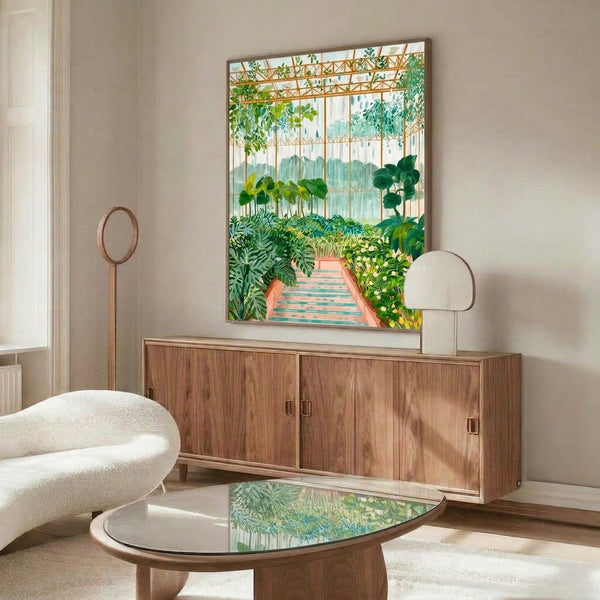 Zen-inspired greenhouse garden print showcasing layered foliage and flowering plants in a serene Japandi composition of soft sage, terracotta, and dusty blue; peaceful framed wall decor.