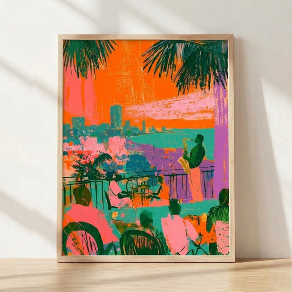 Vibrant pop art poster depicting a saxophonist on a Havana balcony overlooking a tropical cityscape with palm trees and water, rendered in bright orange, hot pink, teal, and purple in retro modern style.