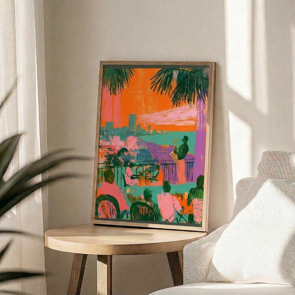 Nostalgic jazz-themed art print featuring a musician with saxophone on a terrace against a stylized skyline with palm silhouettes, awash in vibrant tropical colors of orange, pink, and teal.