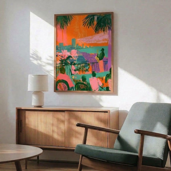 Pop art framed poster showcasing a saxophonist on a balcony with views of water and cityscape, tropical palm trees, and a retro color palette of hot pink, bright orange, teal, and dark green.