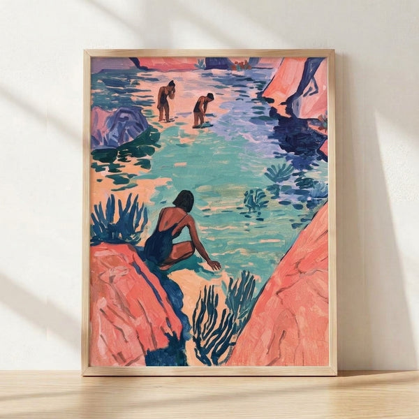 Watercolor painting of women bathing in a turquoise lagoon surrounded by coral-pink canyon rocks, framed poster in serene coastal style with navy and sage green accents.