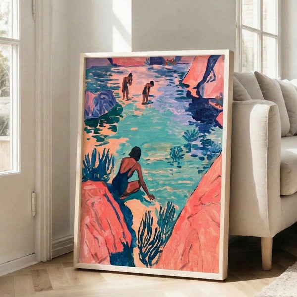 Modern watercolor art print depicting bathers in a tranquil turquoise pool nestled between coral and cream-colored rock formations, peaceful tropical wall decor.