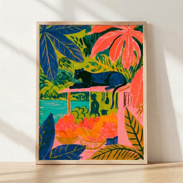 Whimsical boho folk art poster featuring a black panther among tropical plants and fruit baskets in coral pink, royal blue, and yellow-green tones.