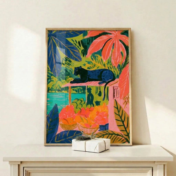 Vibrant cottagecore-style framed art print of a leopard surrounded by flowering vines, leafy plants, and colorful fruit in warm and cool hues.