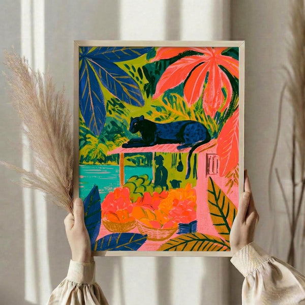 Joyful boho wall art depicting a peaceful black panther in a lush jungle setting with baskets of fruit and turquoise botanical accents.