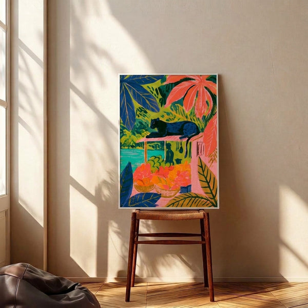 Folk art-inspired poster showing a serene leopard among vibrant orange, coral, and blue tropical foliage and harvest-themed fruit arrangements.