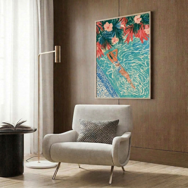 Retro poolside illustration with a relaxed figure amid blooming flowers and palms in a sophisticated palette of turquoise, cream, and coral pink, framed as a travel-inspired poster.