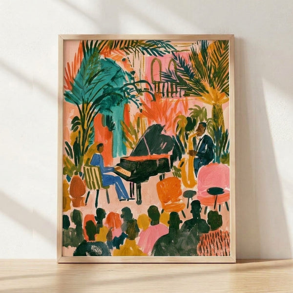Vibrant modern boho poster featuring two jazz musicians at a grand piano surrounded by lush tropical plants and an enthusiastic audience, rendered in coral, teal, golden yellow, and forest green tones.