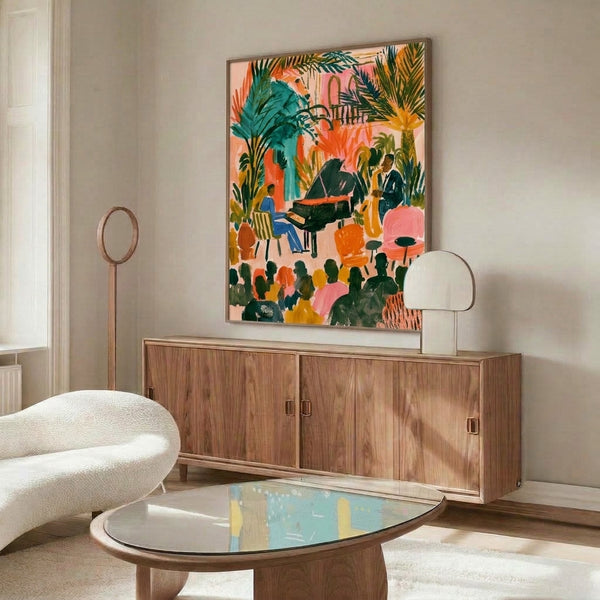 Modern boho wall art showcasing musicians performing at a piano in a lush garden setting with tropical foliage, painted in vibrant coral, golden yellow, teal, and green with a celebratory mood.