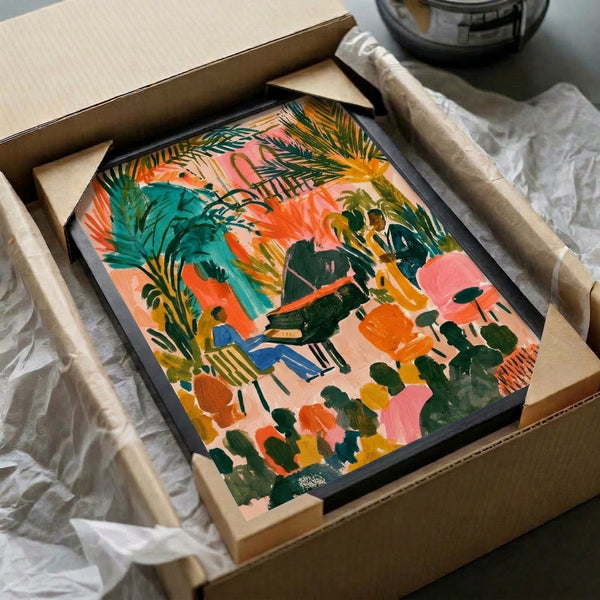 Contemporary framed poster of a dynamic jazz concert scene with pianists surrounded by verdant plants and attentive listeners, featuring a warm palette of coral, pink, teal, and golden accents.