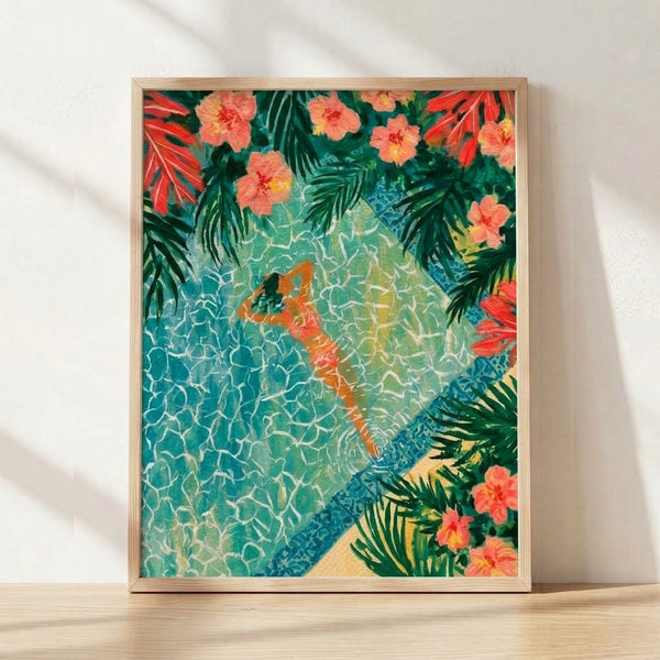 Watercolor poster art of a woman floating peacefully in a tiled teal pool surrounded by coral hibiscus flowers and sage green palm leaves, evoking a serene tropical escape.
